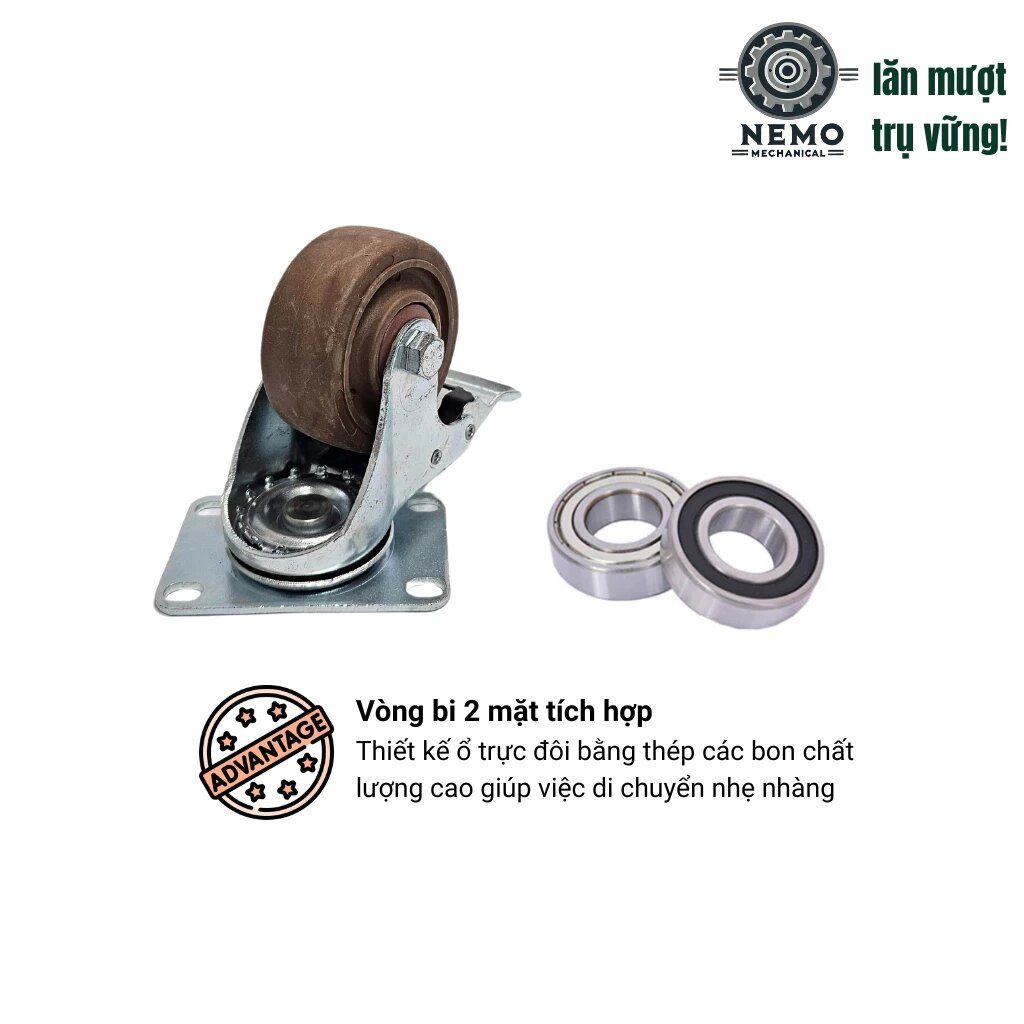 Bánh xe chịu nhiệt, mặt bích & cọc vít M12, D75mm - D125mm, chịu nhiệt 280°C, tải 95-135kg